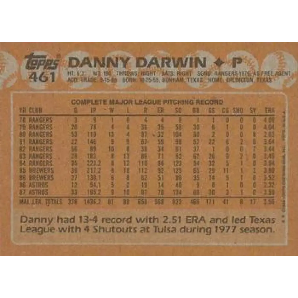1988 Topps #461 Danny Darwin NM-MT Houston Astros Baseball Card Image 2