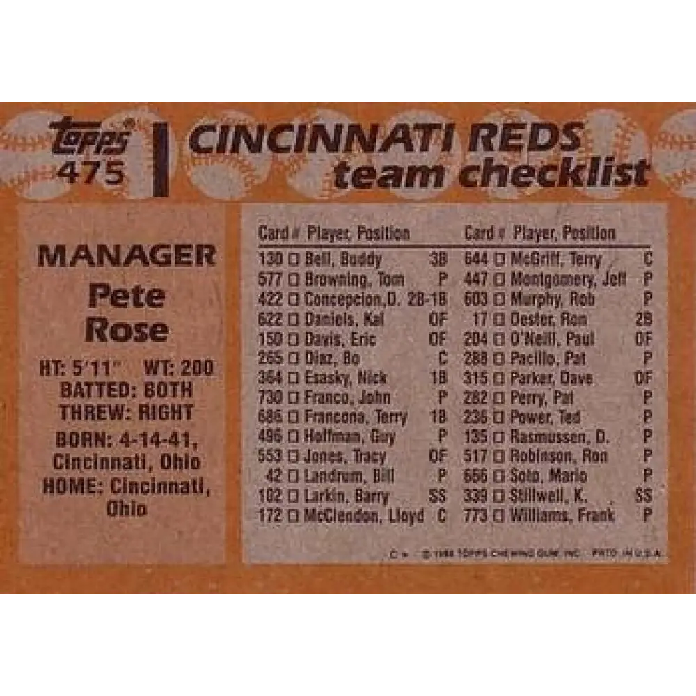 1988 Topps #475 Pete Rose NM-MT Cincinnati Reds Baseball Card Image 2