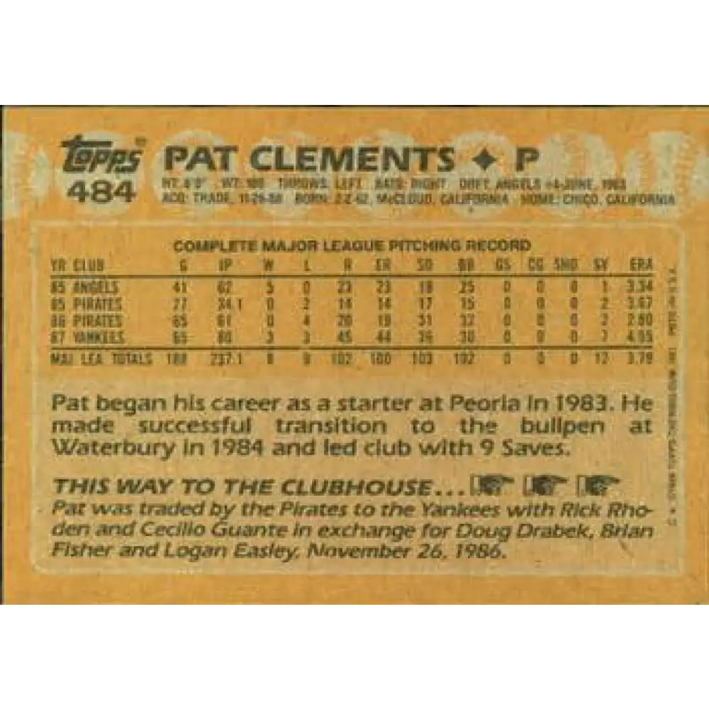 1988 Topps #484 Pat Clements NM-MT New York Yankees Baseball Card Image 2