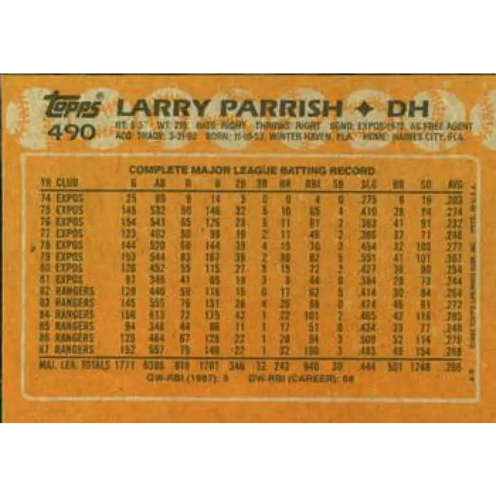 1988 Topps #490 Larry Parrish NM-MT Texas Rangers Baseball Card Image 2