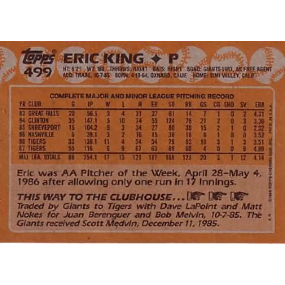 1988 Topps #499 Eric King NM-MT Detroit Tigers Baseball Card Image 2