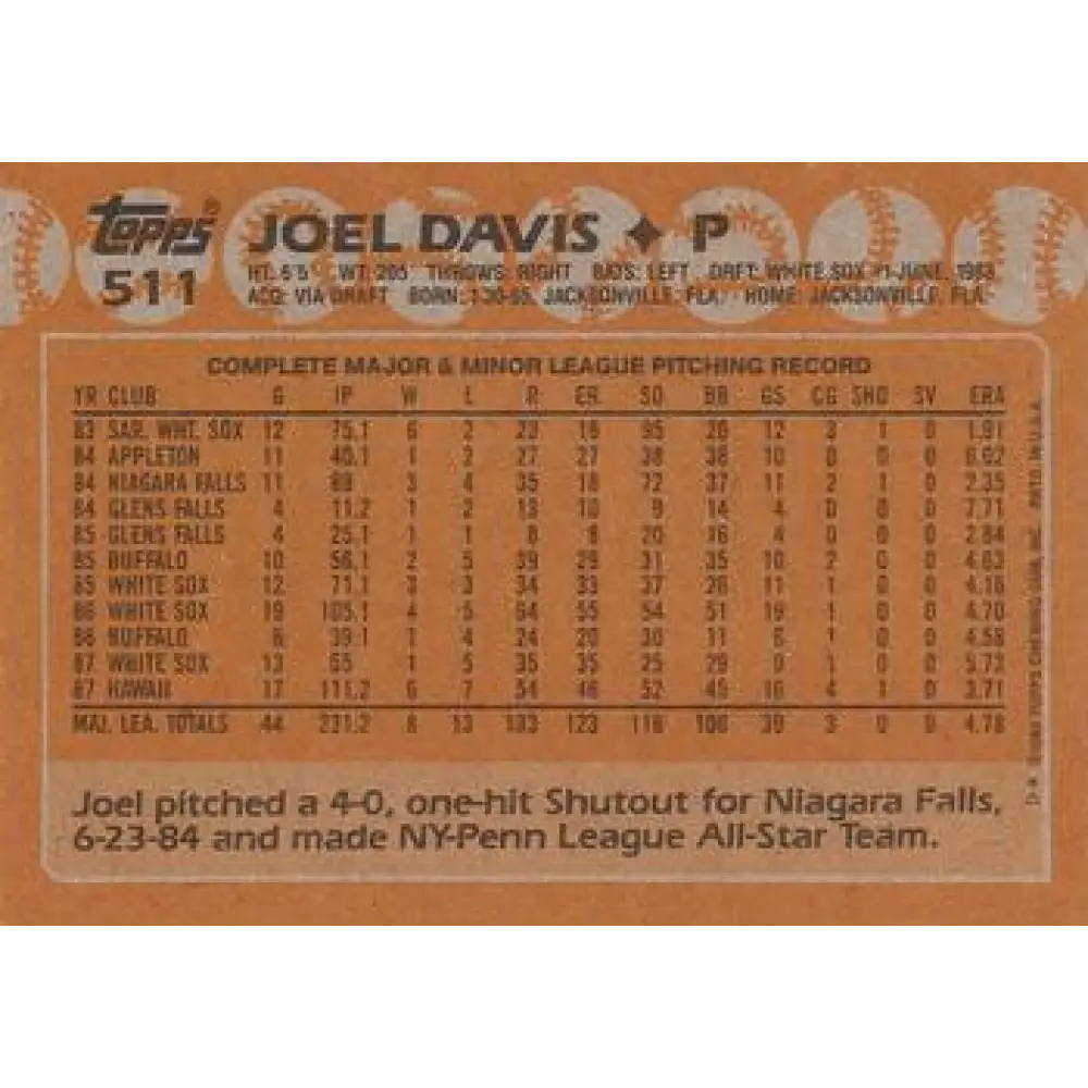 1988 Topps #511 Joel Davis NM-MT Chicago White Sox Baseball Card Image 2