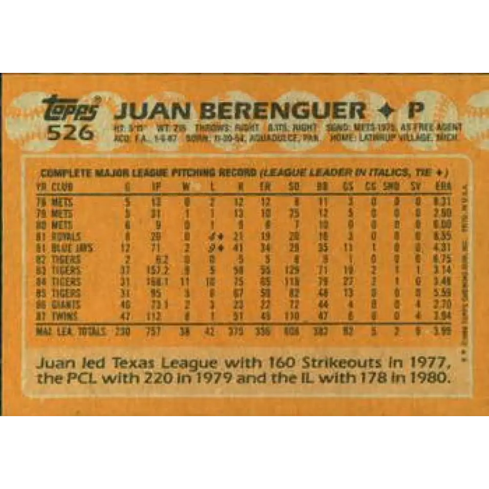 1988 Topps #526 Juan Berenguer NM-MT Minnesota Twins Baseball Card Image 2