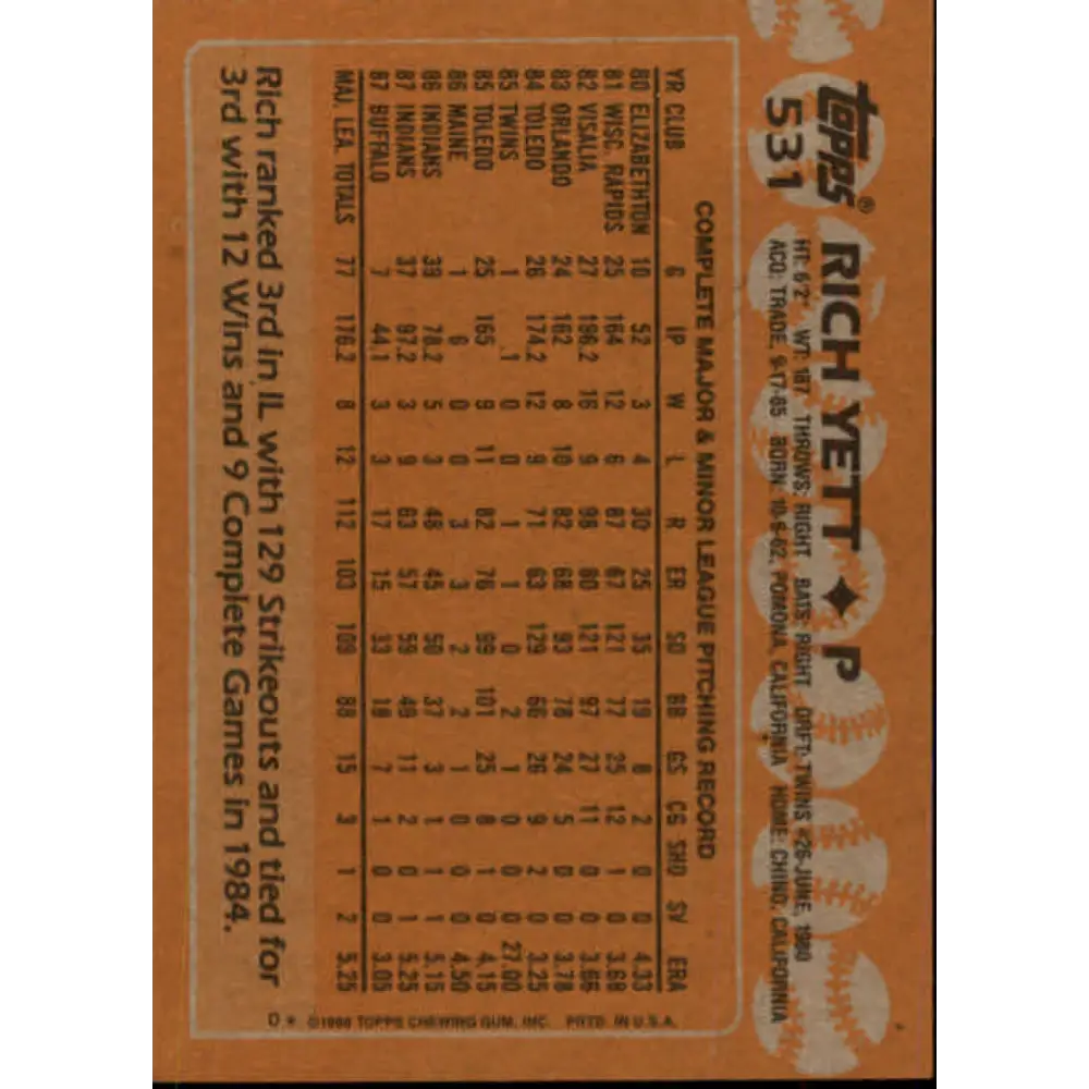 1988 Topps #531 Rich Yett NM-MT Cleveland Indians Baseball Card Image 2