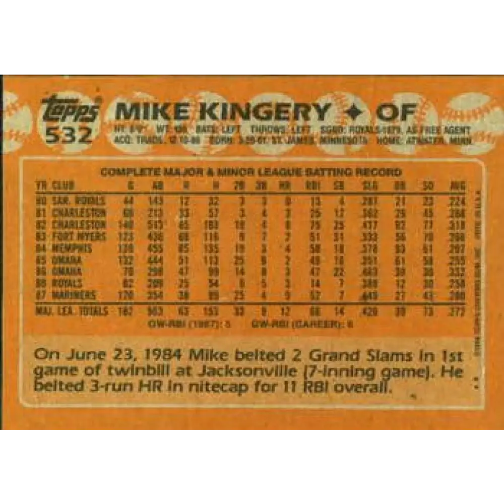 1988 Topps #532 Mike Kingery NM-MT Seattle Mariners Baseball Card Image 2