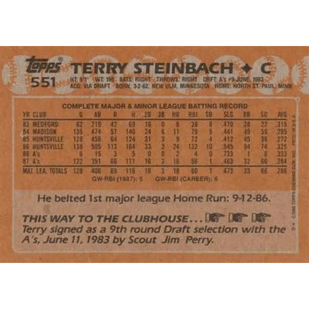 1988 Topps #551 Terry Steinbach NM-MT Oakland Athletics Baseball Card Image 2