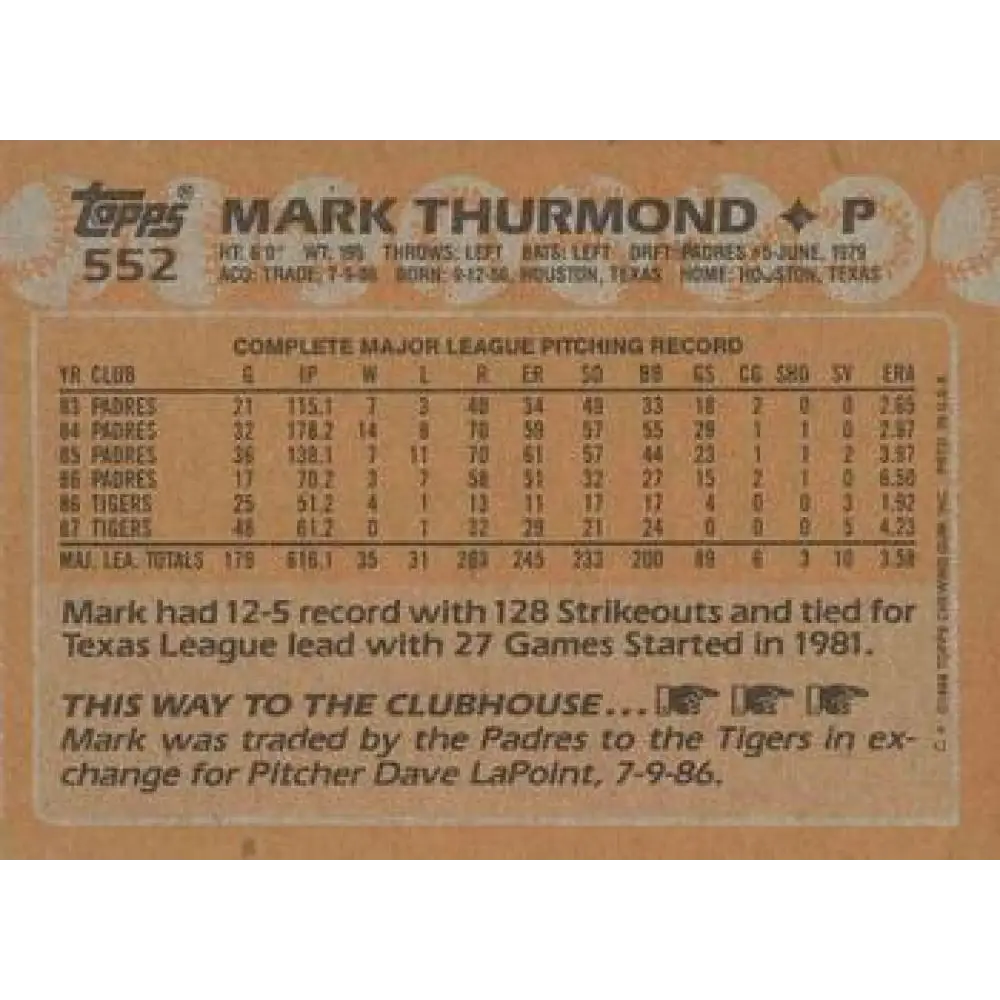 1988 Topps #552 Mark Thurmond NM-MT Detroit Tigers Baseball Card Image 2