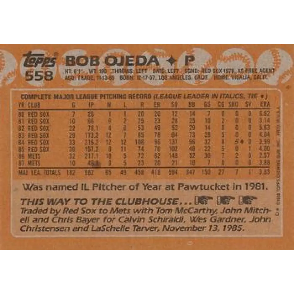 1988 Topps #558 Bob Ojeda NM-MT New York Mets Baseball Card Image 2