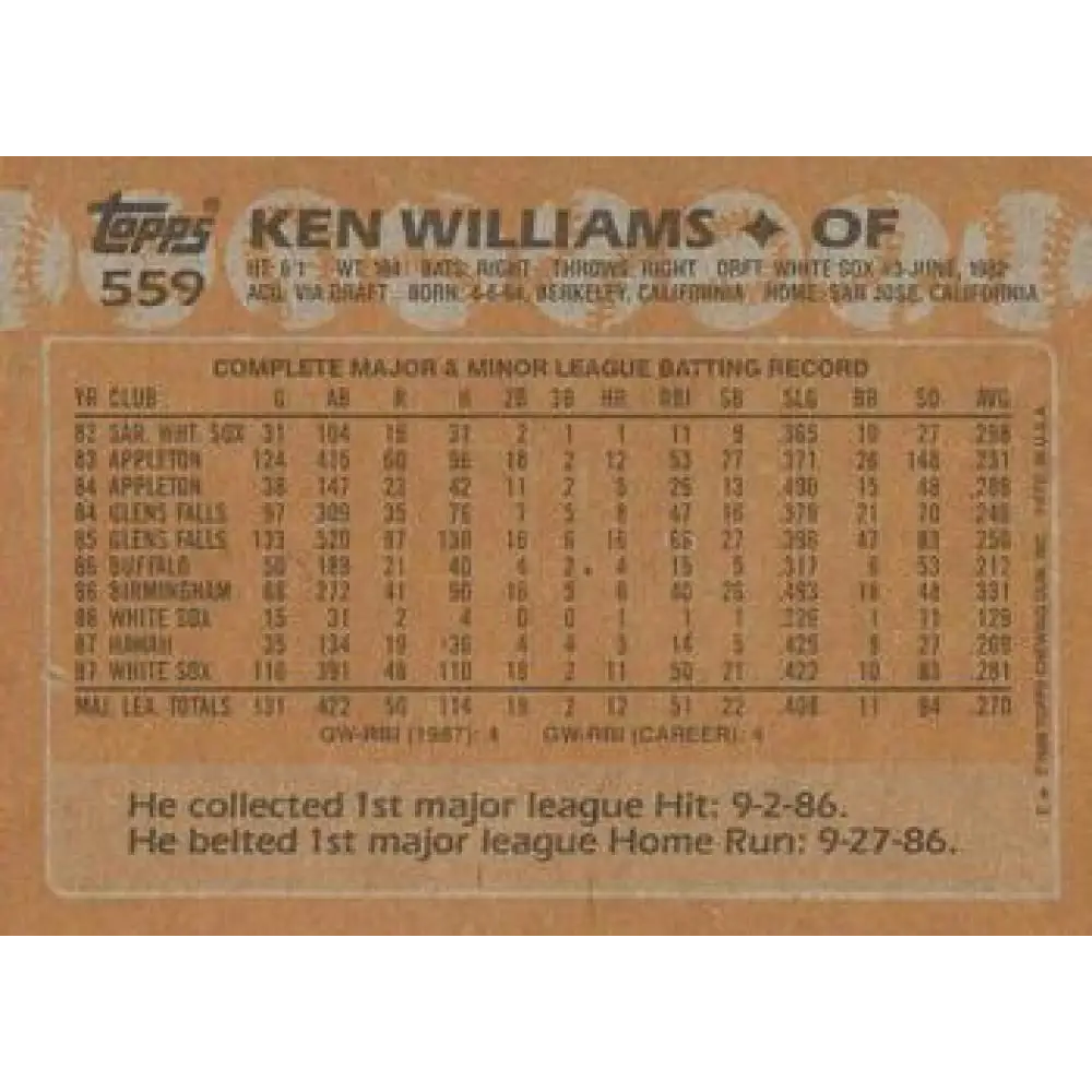 1988 Topps #559 Kenny Williams NM-MT Chicago White Sox Baseball Card Image 2