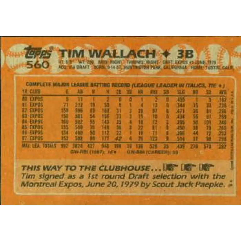 1988 Topps #560 Tim Wallach NM-MT Montreal Expos Baseball Card Image 2