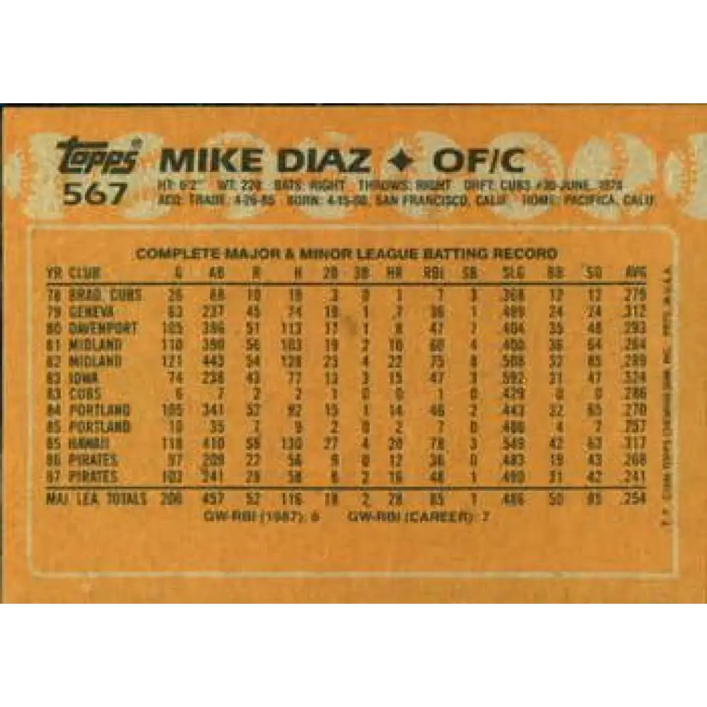 1988 Topps #567 Mike Diaz NM-MT Pittsburgh Pirates Baseball Card Image 2