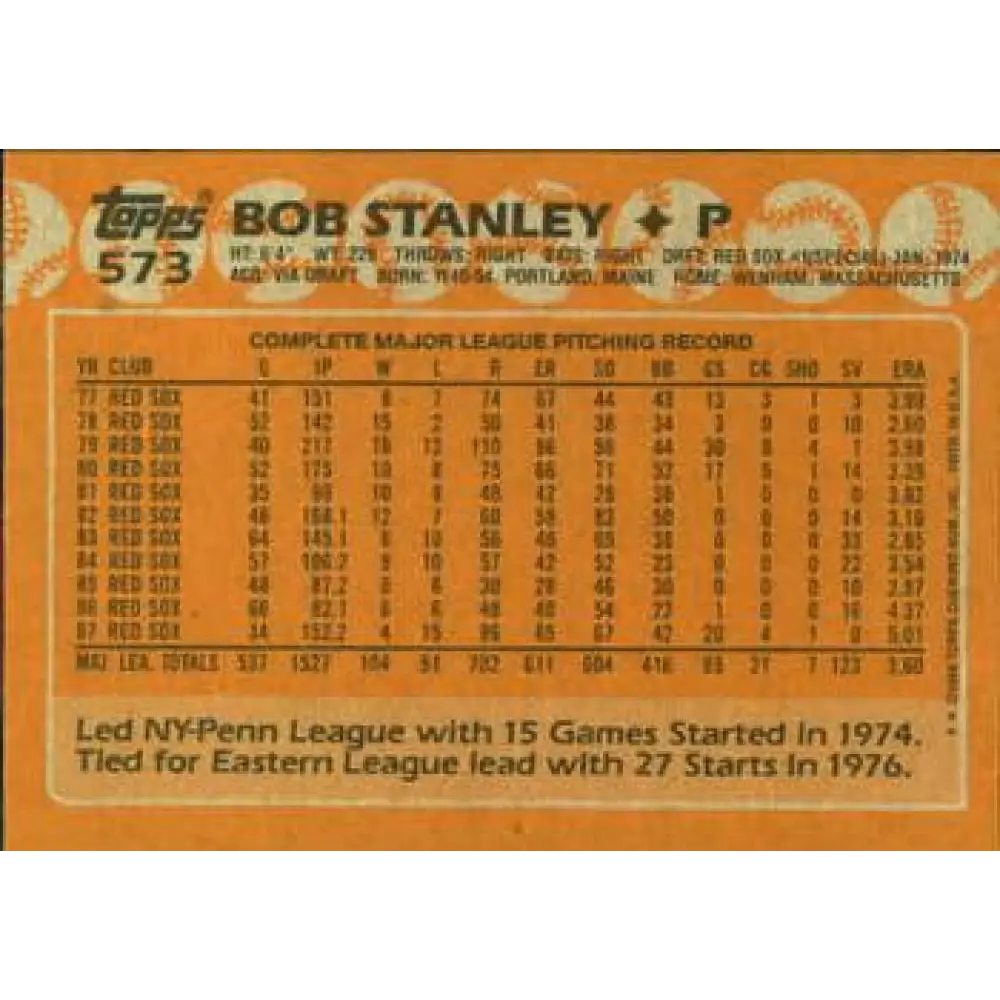 1988 Topps #573 Bob Stanley NM-MT Boston Red Sox Baseball Card Image 2