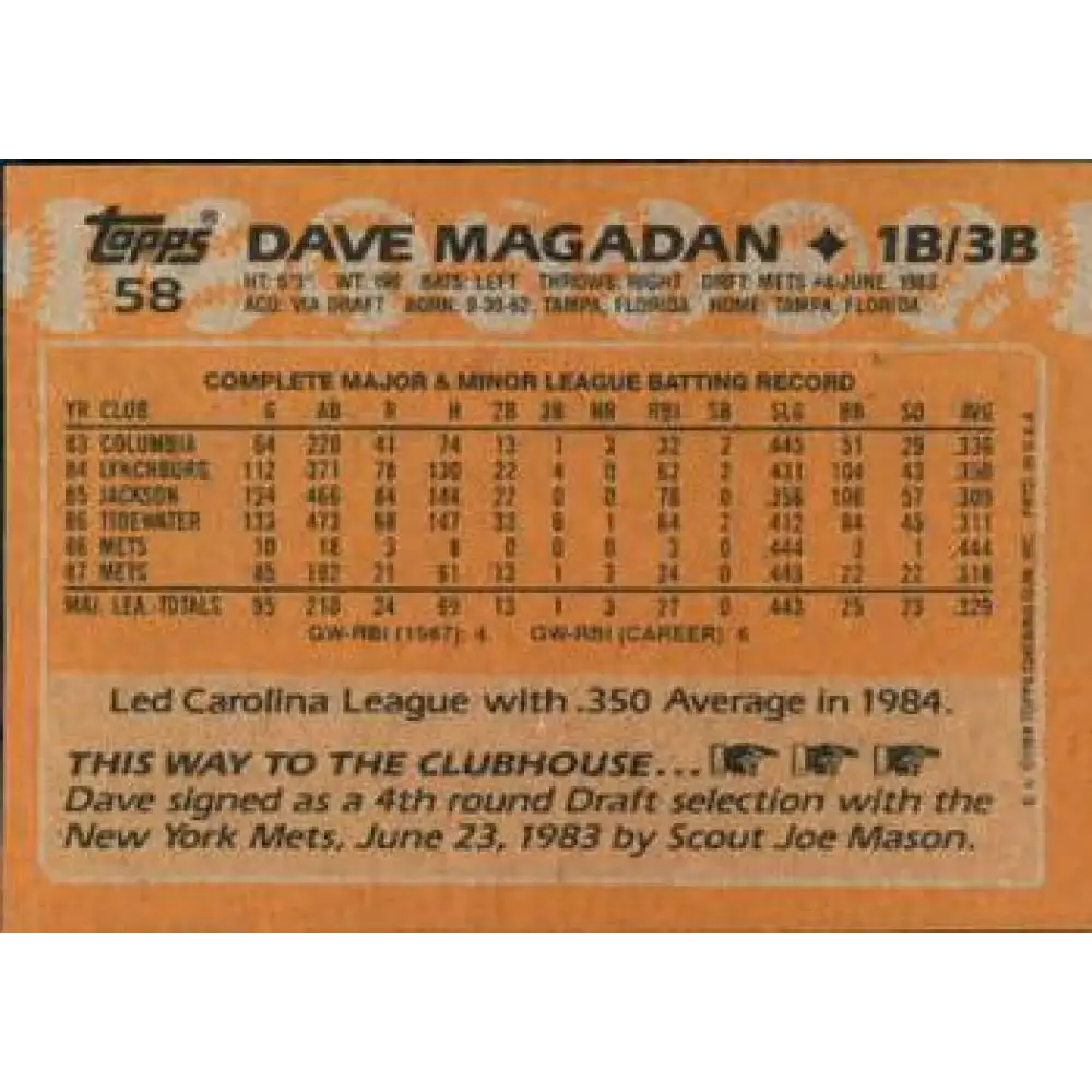 1988 Topps #58 Dave Magadan NM-MT New York Mets Baseball Card Image 2