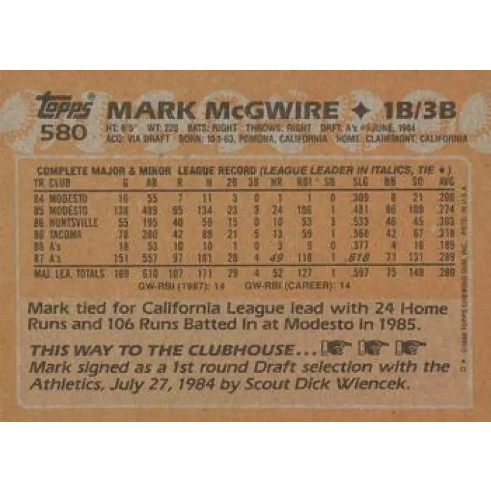 1988 Topps #580 Mark McGwire NM-MT Oakland Athletics Baseball Card Image 2
