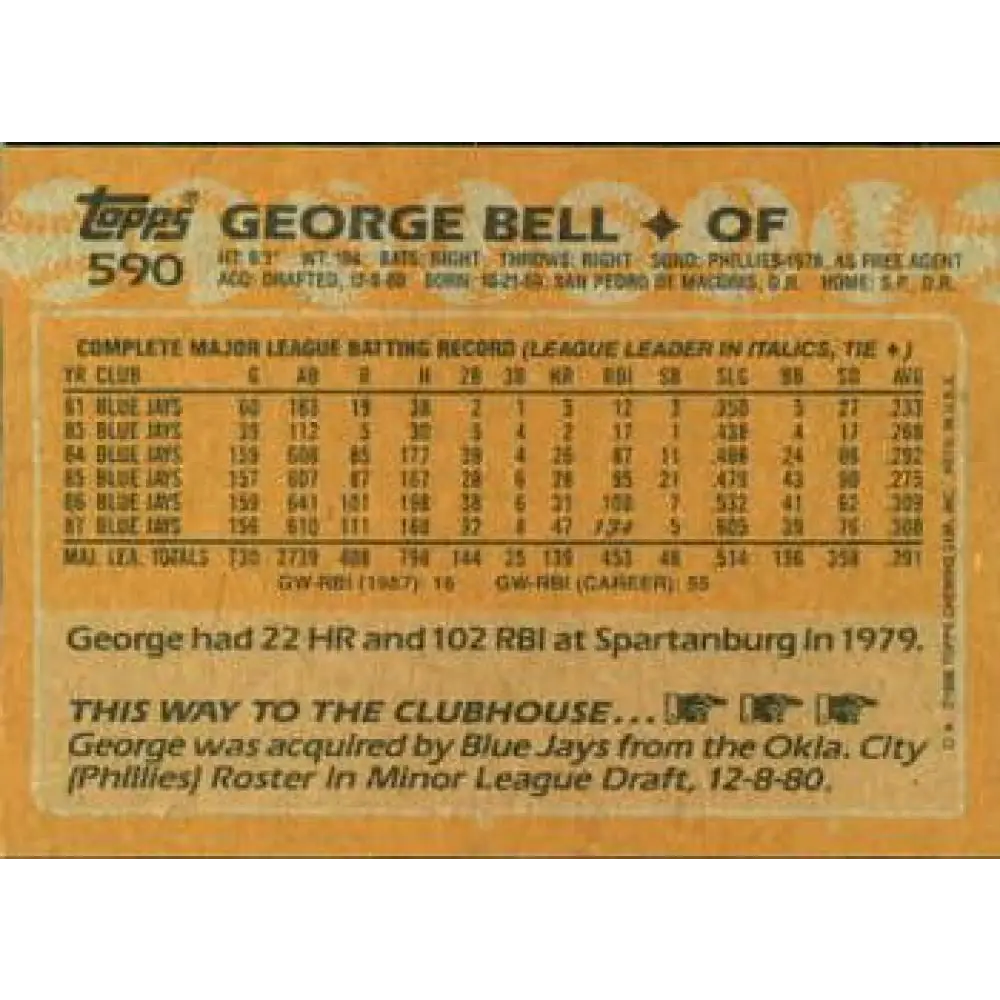 1988 Topps #590 George Bell NM-MT Toronto Blue Jays Baseball Card Image 2