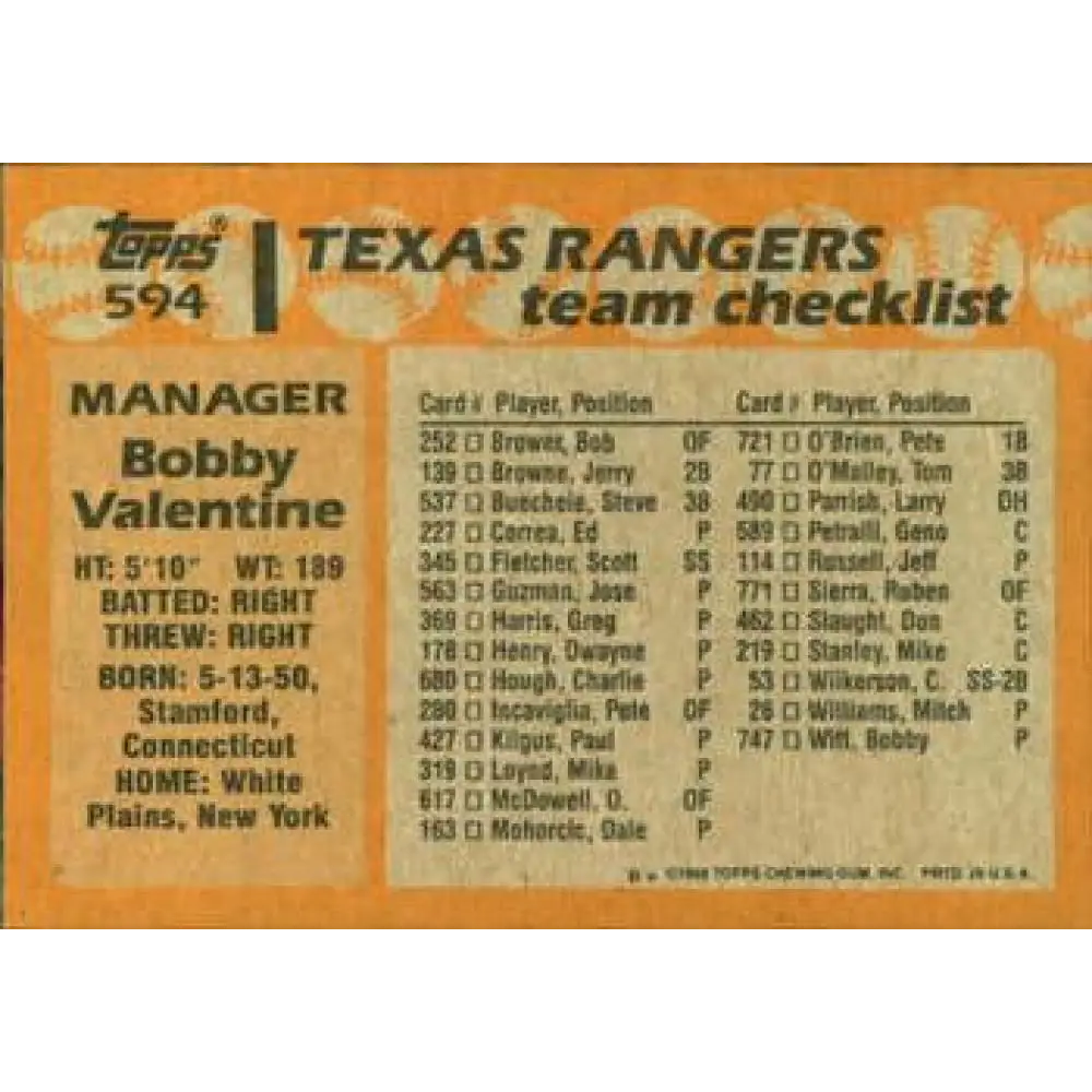 1988 Topps #594 Bobby Valentine NM-MT Texas Rangers Baseball Card Image 2