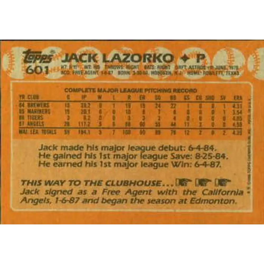 1988 Topps #601 Jack Lazorko NM-MT California Angels Baseball Card Image 2