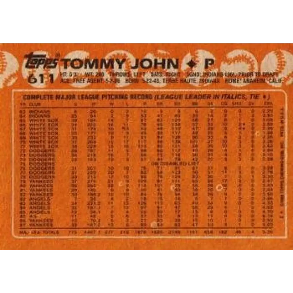1988 Topps #611 Tommy John NM-MT New York Yankees Baseball Card Image 2