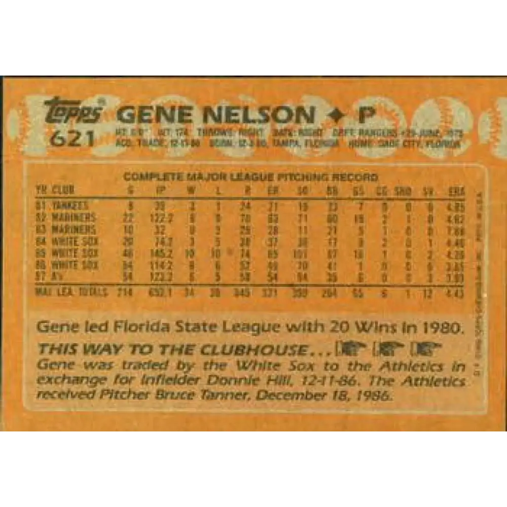 1988 Topps #621 Gene Nelson NM-MT Oakland Athletics Baseball Card Image 2