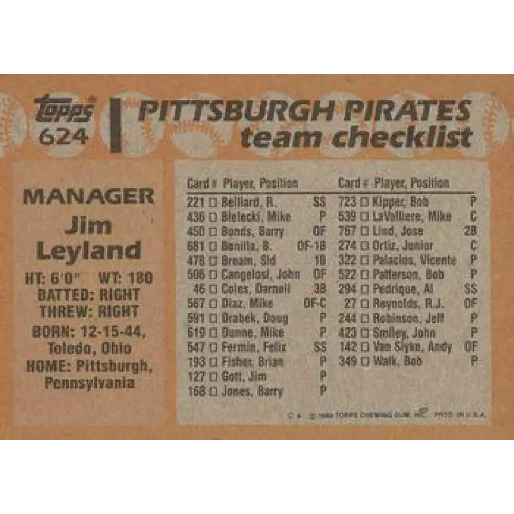 1988 Topps #624 Jim Leyland NM-MT Pittsburgh Pirates Baseball Card Image 2