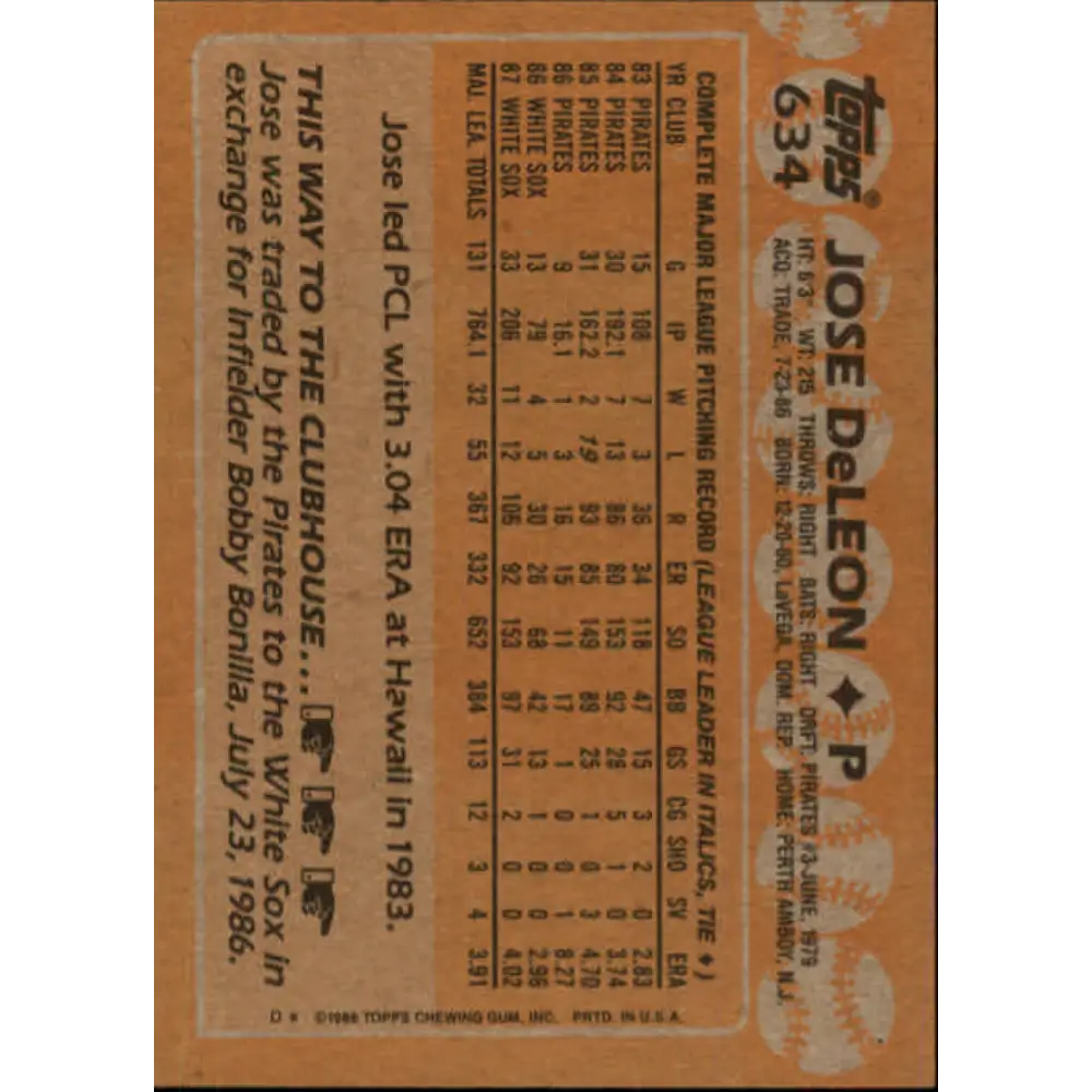 1988 Topps #634 Jose DeLeon NM-MT Chicago White Sox Baseball Card Image 2