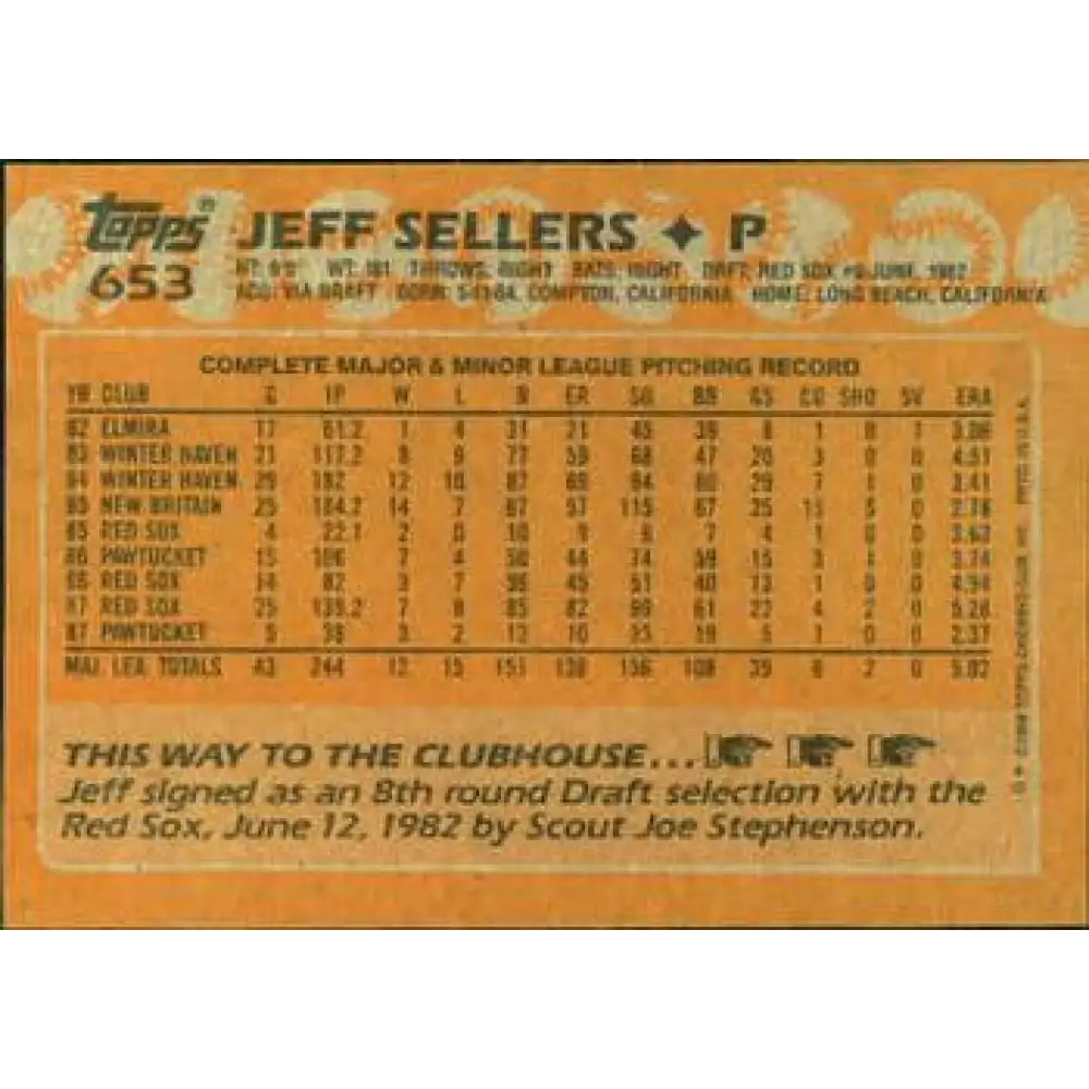 1988 Topps #653 Jeff Sellers NM-MT Boston Red Sox Baseball Card Image 2