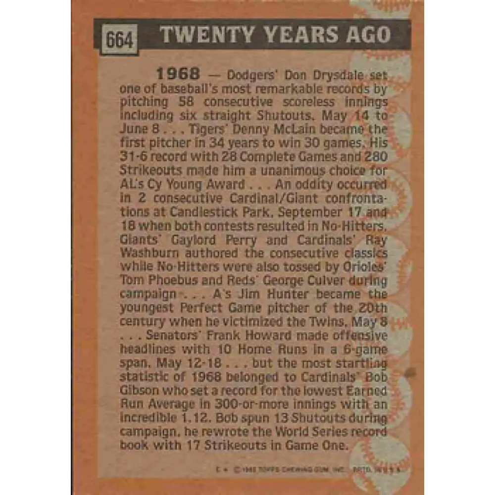 1988 Topps #664 Bob Gibson NM-MT St. Louis Cardinals Baseball Card Image 2