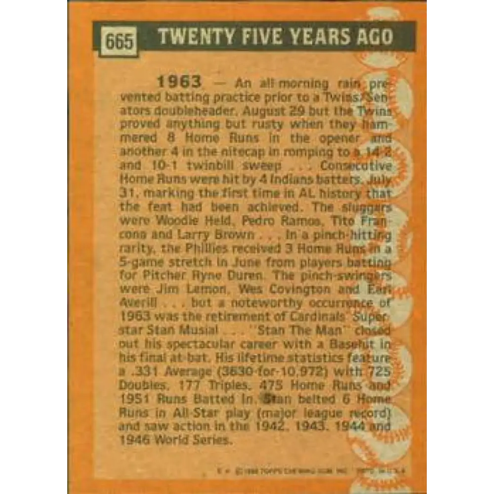 1988 Topps #665 Stan Musial NM-MT St. Louis Cardinals Baseball Card Image 2