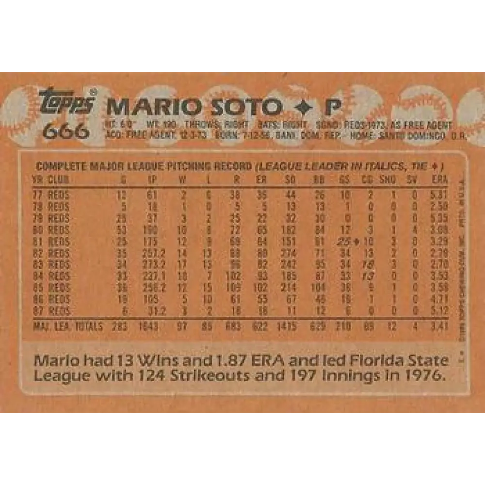 1988 Topps #666 Mario Soto NM-MT Cincinnati Reds Baseball Card Image 2