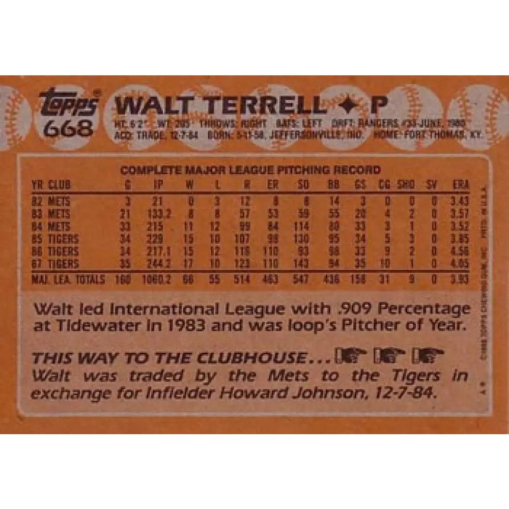 1988 Topps #668 Walt Terrell NM-MT Detroit Tigers Baseball Card Image 2