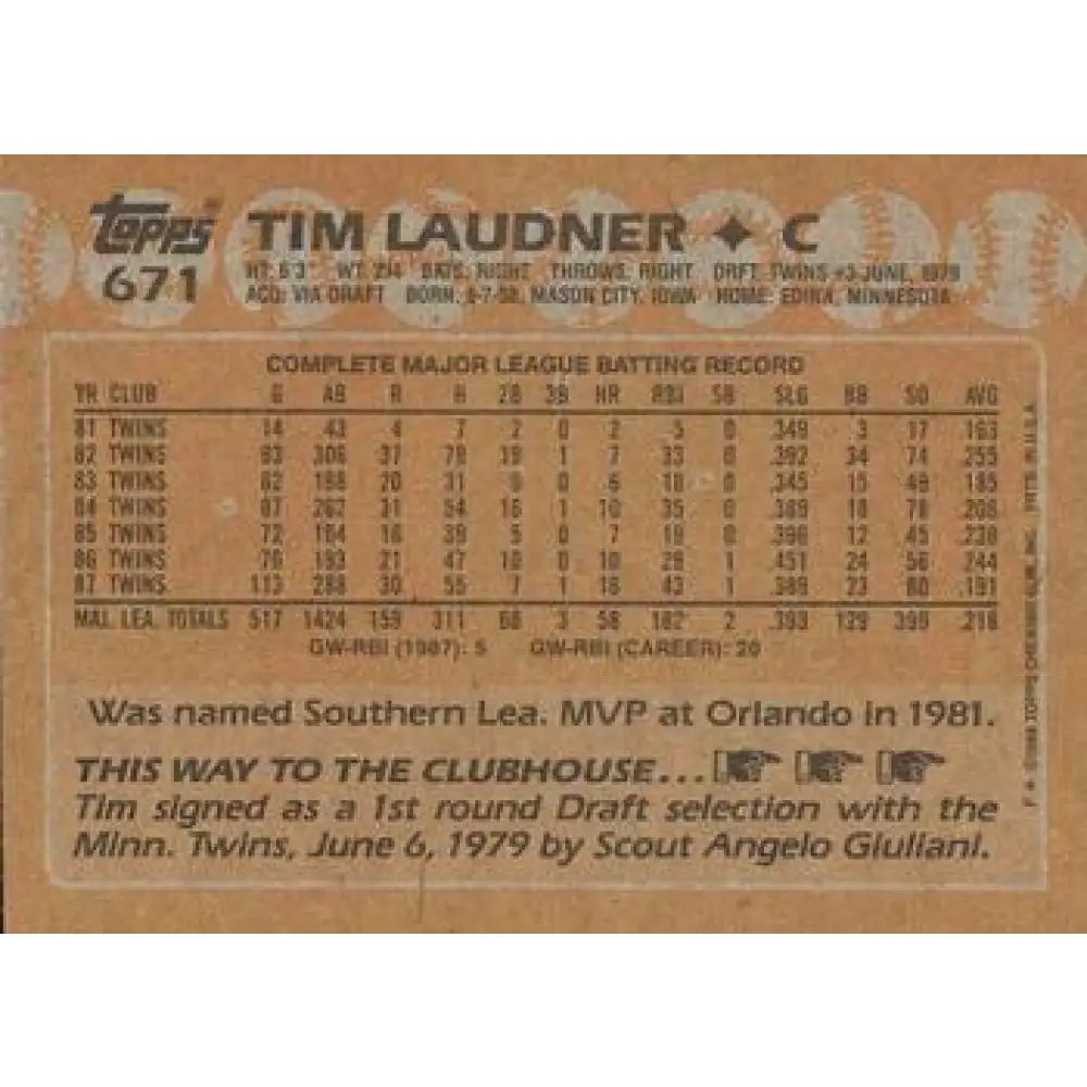 1988 Topps #671 Tim Laudner NM-MT Minnesota Twins Baseball Card Image 2