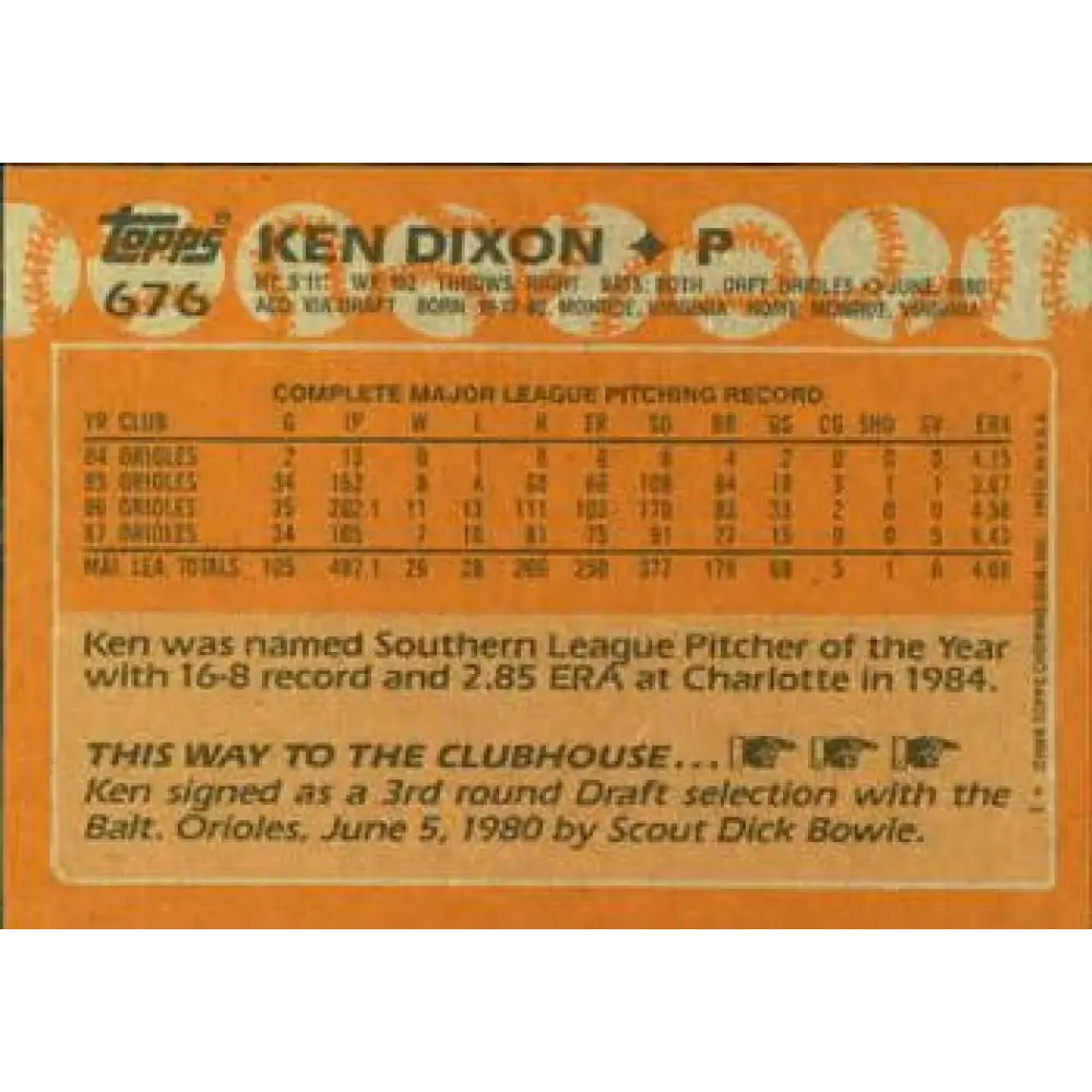 1988 Topps #676 Ken Dixon NM-MT Baltimore Orioles Baseball Card Image 2