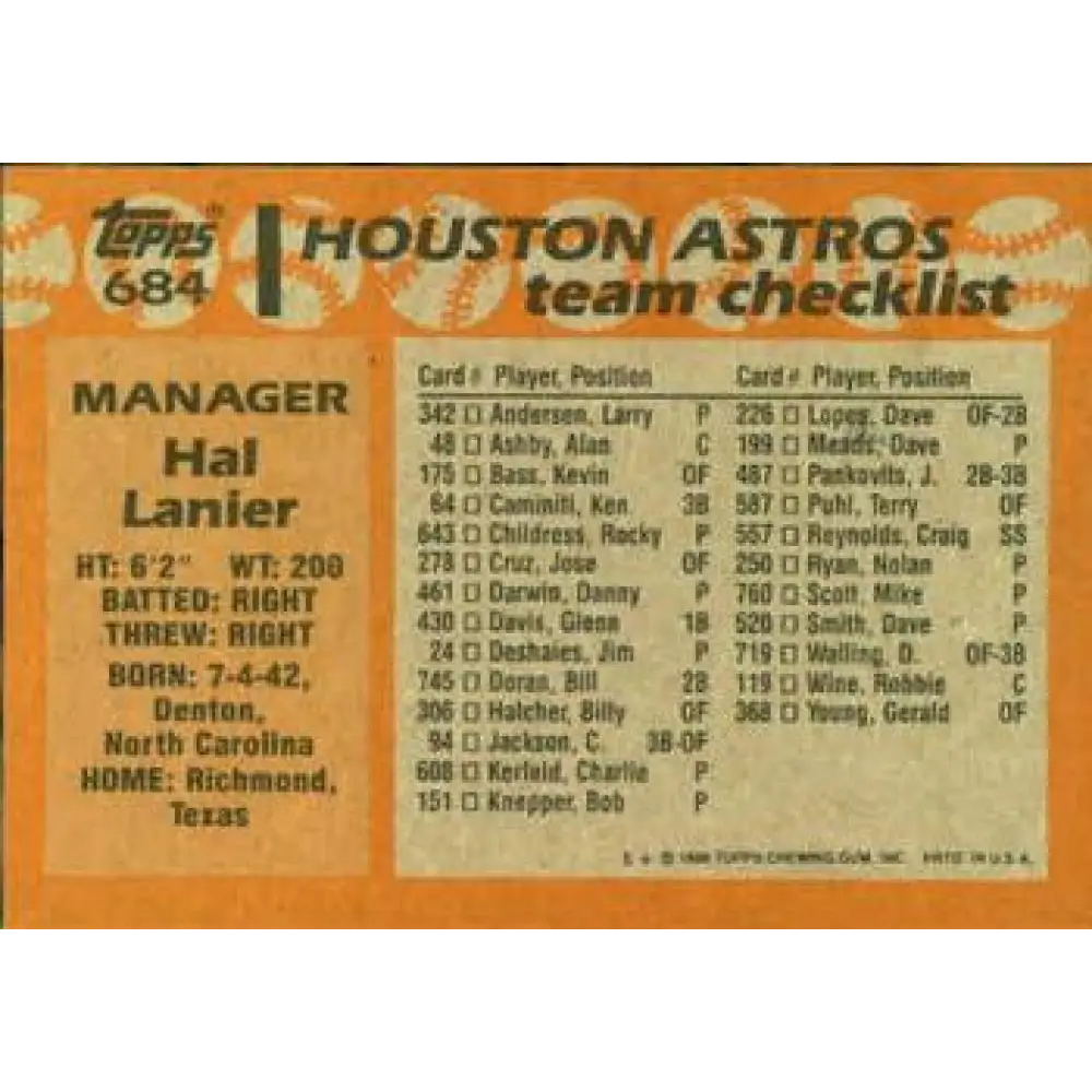 1988 Topps #684 Hal Lanier NM-MT Houston Astros Baseball Card Image 2