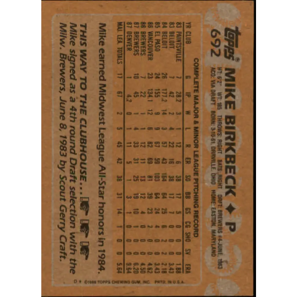 1988 Topps #692 Mike Birkbeck NM-MT Milwaukee Brewers Baseball Card Image 2