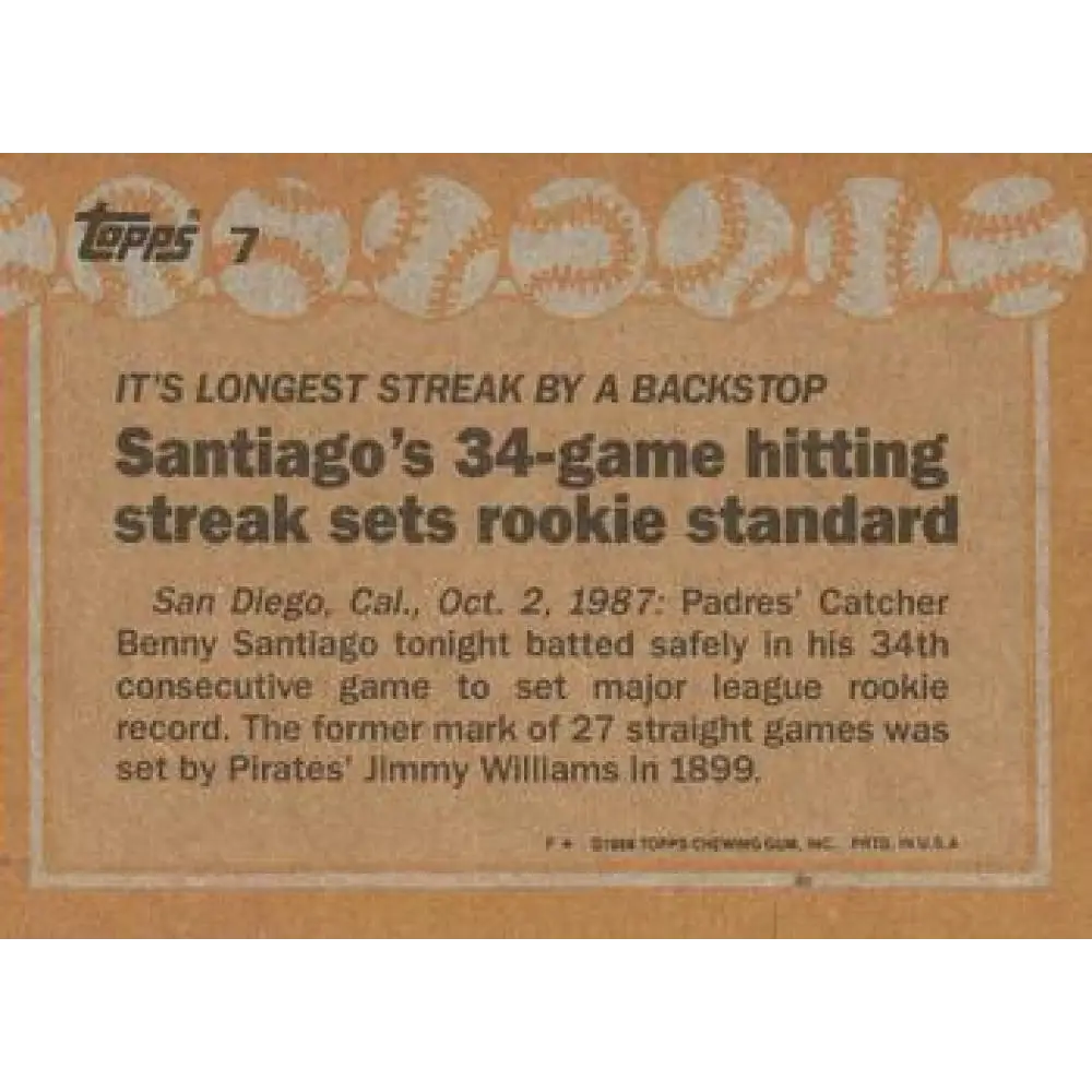 1988 Topps #7 Benito Santiago NM-MT San Diego Padres Baseball Card Image 2