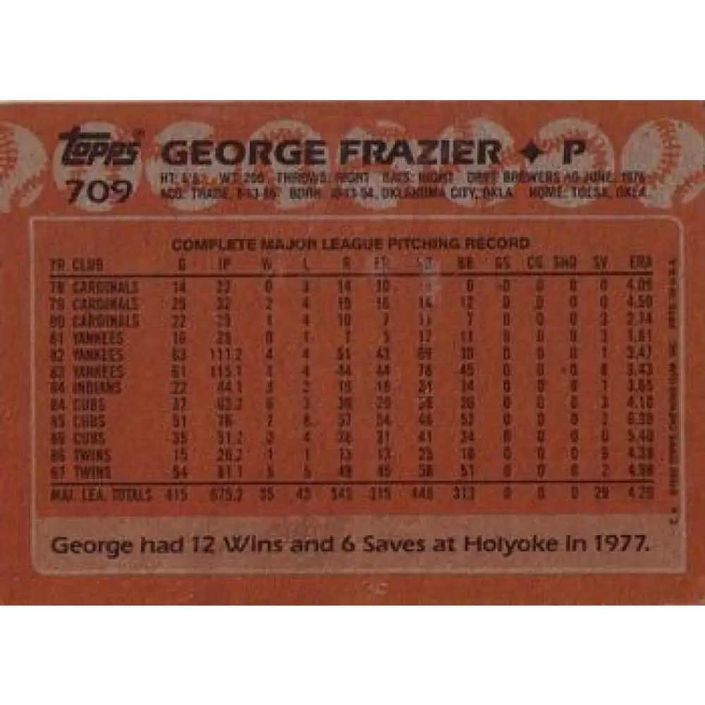 1988 Topps #709 George Frazier NM-MT Minnesota Twins Baseball Card Image 2