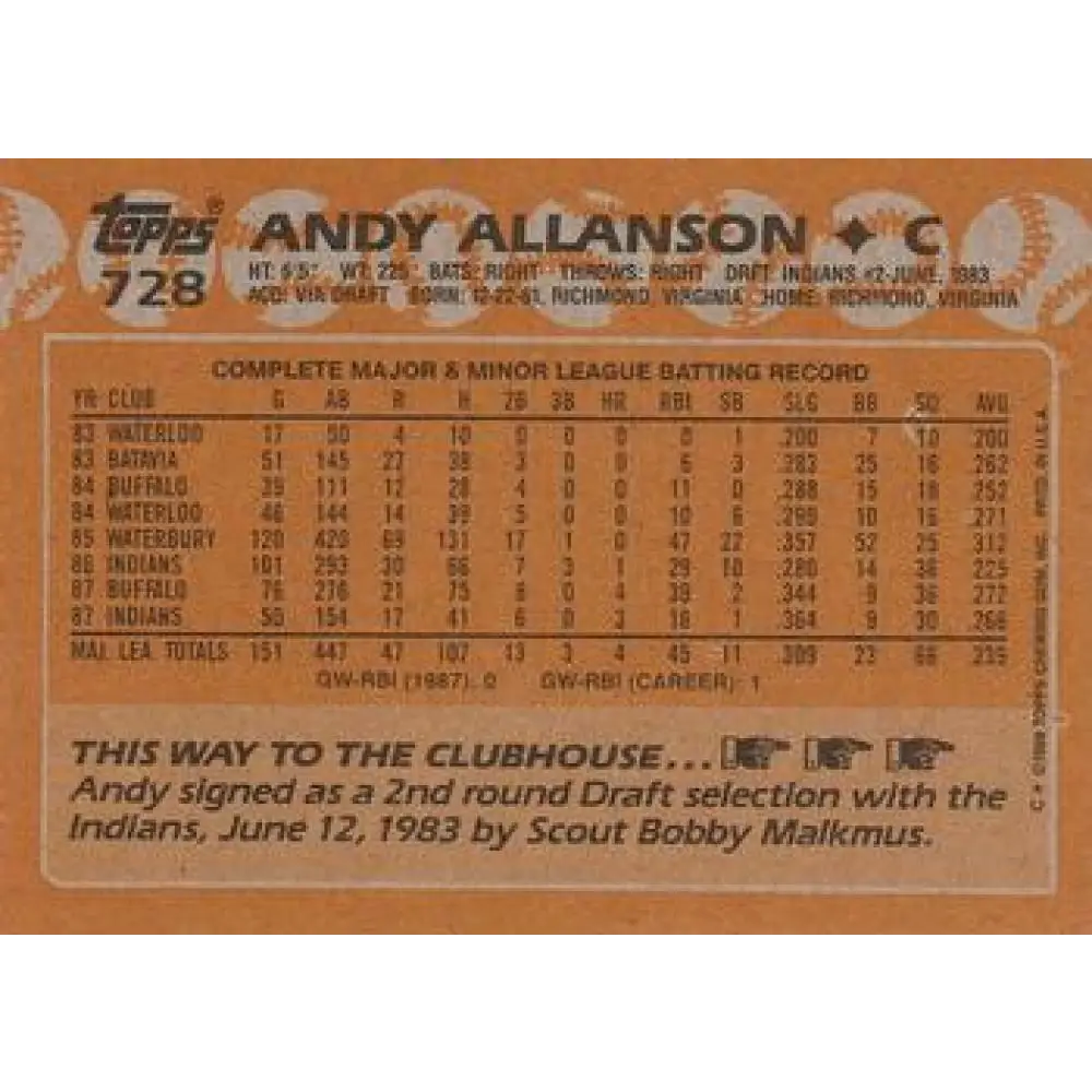 1988 Topps #728 Andy Allanson NM-MT Cleveland Indians Baseball Card Image 2