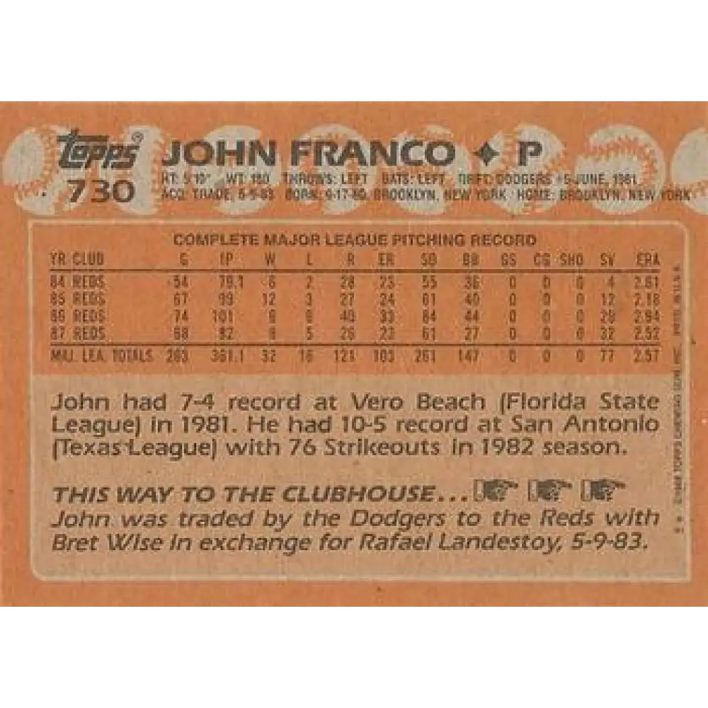 1988 Topps #730 John Franco NM-MT Cincinnati Reds Baseball Card Image 2