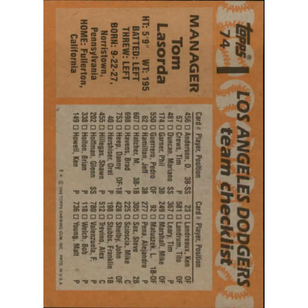 1988 Topps #74 Tommy Lasorda NM-MT Los Angeles Dodgers Baseball Card Image 2