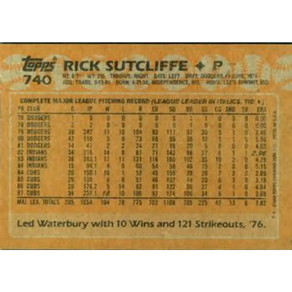 1988 Topps #740 Rick Sutcliffe NM-MT Chicago Cubs Baseball Card Image 2