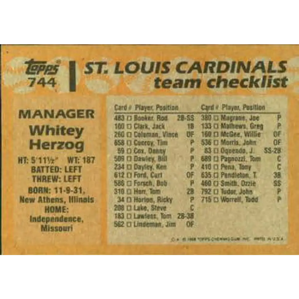 1988 Topps #744 Whitey Herzog NM-MT St. Louis Cardinals Baseball Card Image 2