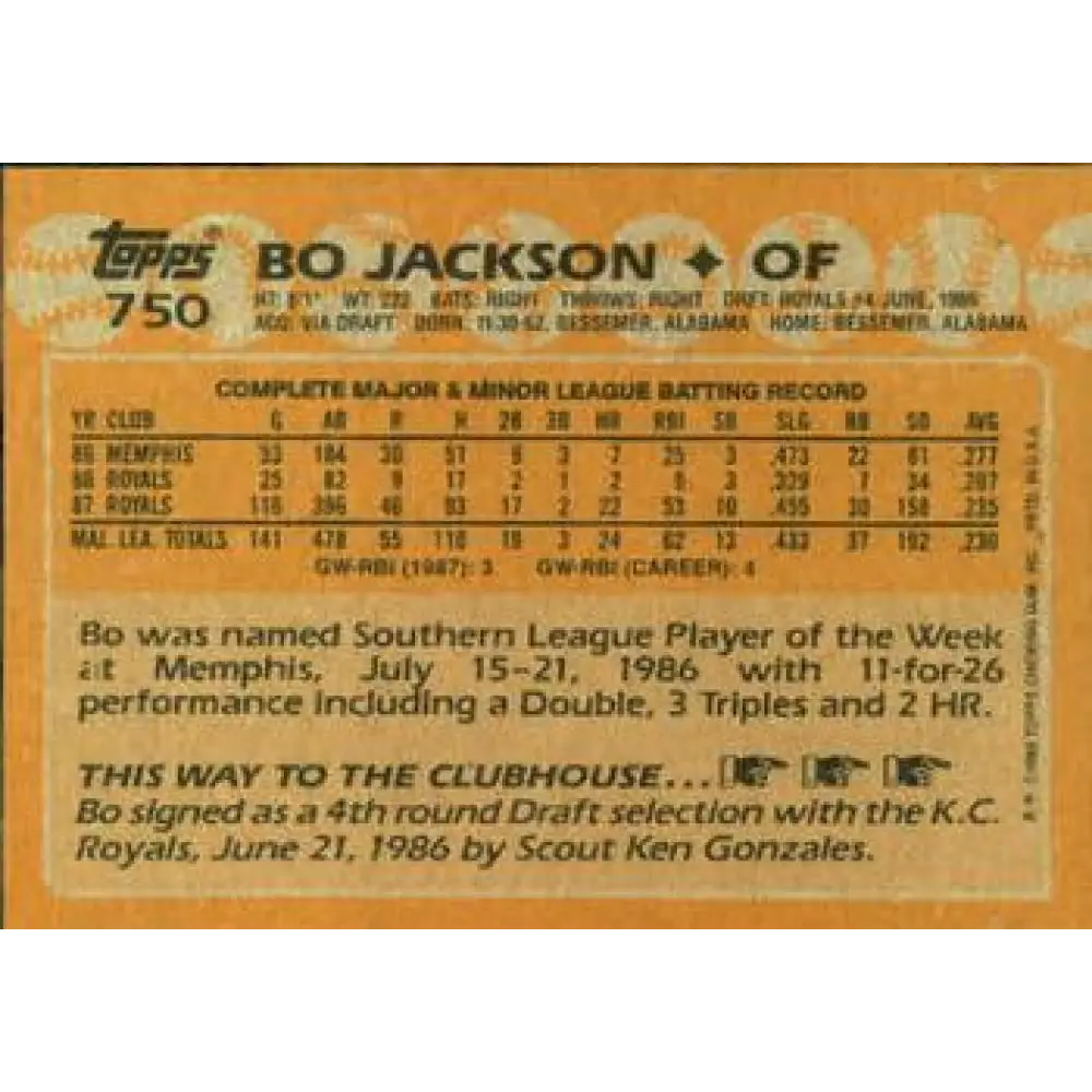 1988 Topps #750 Bo Jackson NM-MT Kansas City Royals Baseball Card Image 2