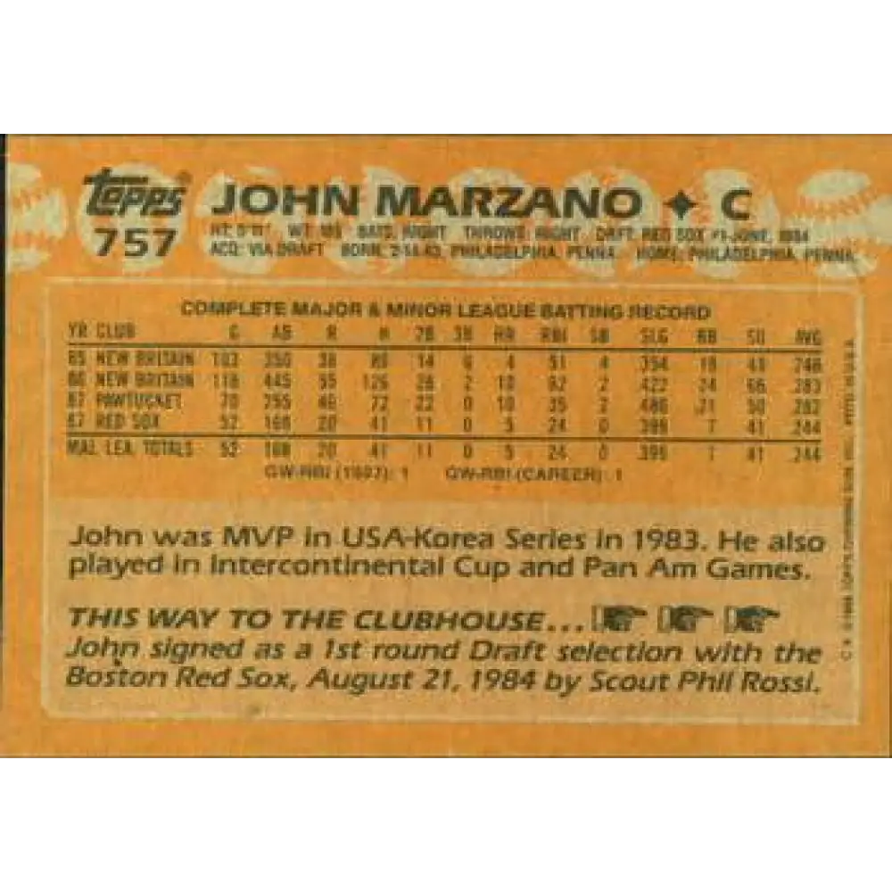 1988 Topps #757 John Marzano NM-MT Boston Red Sox Baseball Card Image 2