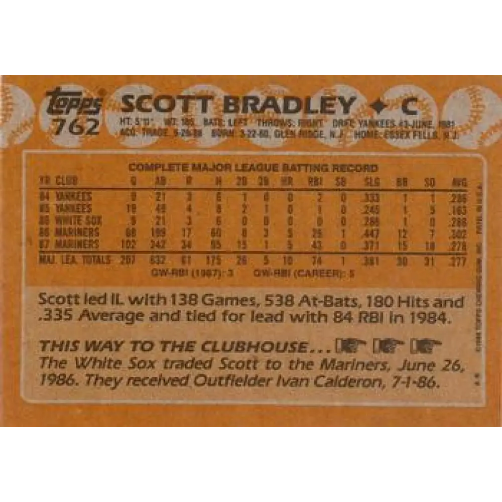 1988 Topps #762 Scott Bradley NM-MT Seattle Mariners Baseball Card Image 2