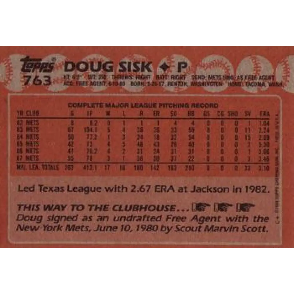1988 Topps #763 Doug Sisk NM-MT New York Mets Baseball Card Image 2
