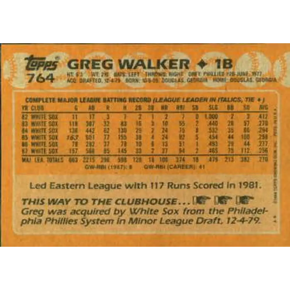 1988 Topps #764 Greg Walker NM-MT Chicago White Sox Baseball Card Image 2