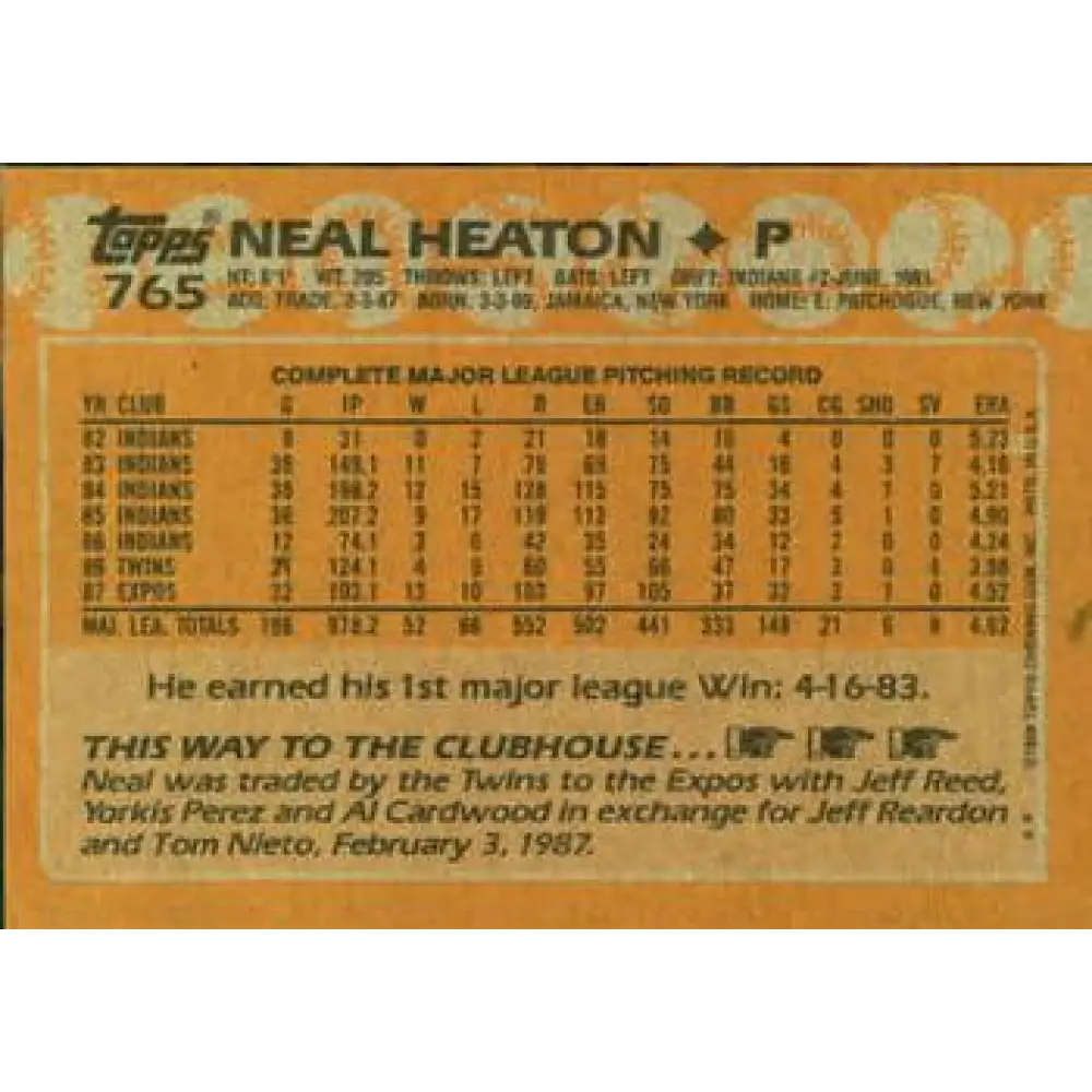 1988 Topps #765 Neal Heaton NM-MT Montreal Expos Baseball Card Image 2