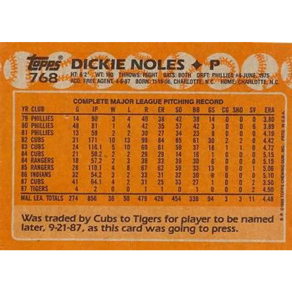 1988 Topps #768 Dickie Noles NM-MT Chicago Cubs Baseball Card Image 2