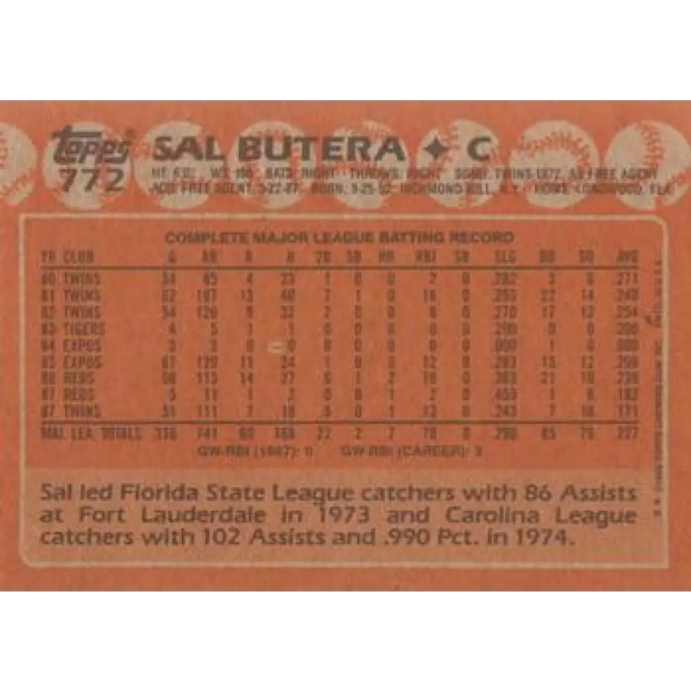 1988 Topps #772 Sal Butera NM-MT Minnesota Twins Baseball Card Image 2