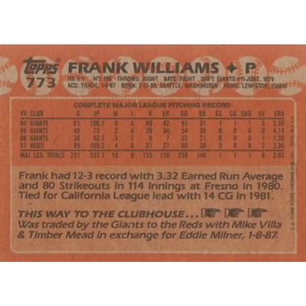 1988 Topps #773 Frank Williams NM-MT Cincinnati Reds Baseball Card Image 2